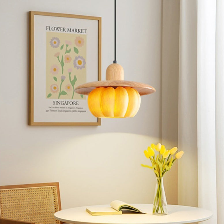 Contemporary Creative Pumpkin Round Wood Resin 1-Light Pendant Light For Bedroom