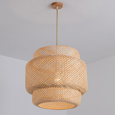 Traditional Japanese Round Cylinder Rattan Bamboo 1-Light Pendant Light For Bedroom