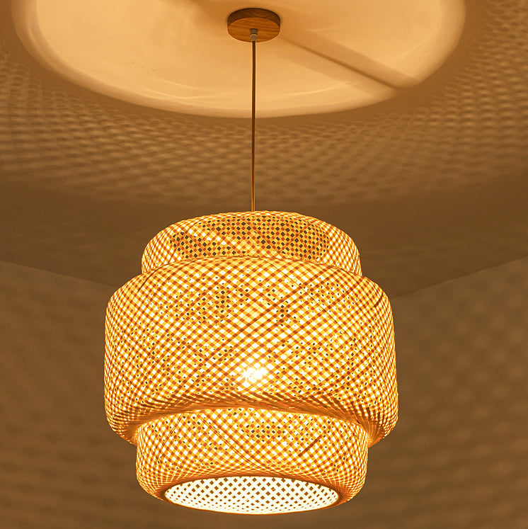 Traditional Japanese Round Cylinder Rattan Bamboo 1-Light Pendant Light For Bedroom