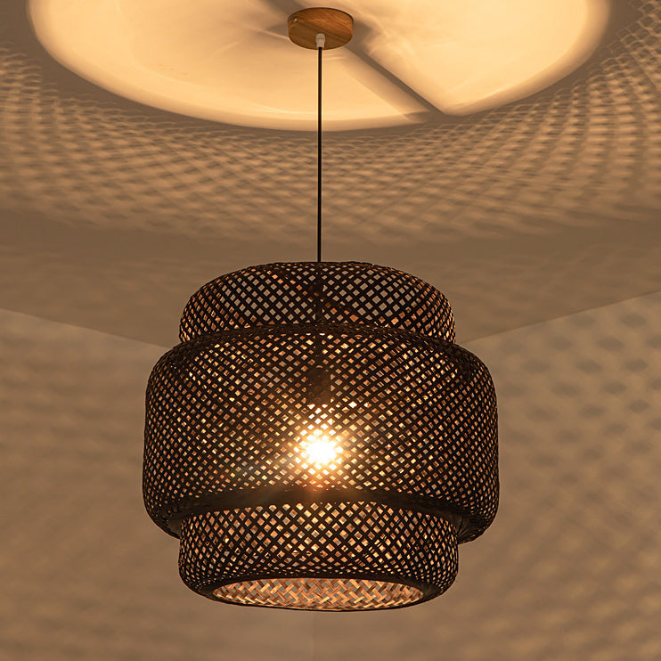 Traditional Japanese Round Cylinder Rattan Bamboo 1-Light Pendant Light For Bedroom