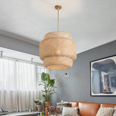 Traditional Japanese Round Cylinder Rattan Bamboo 1-Light Pendant Light For Bedroom