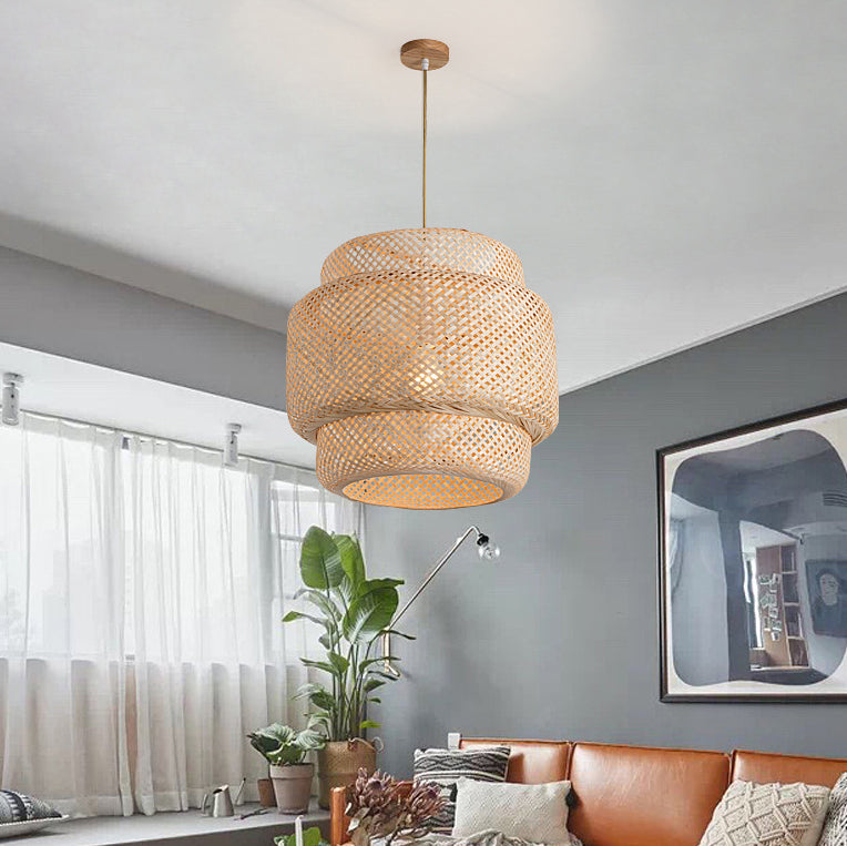 Traditional Japanese Round Cylinder Rattan Bamboo 1-Light Pendant Light For Bedroom