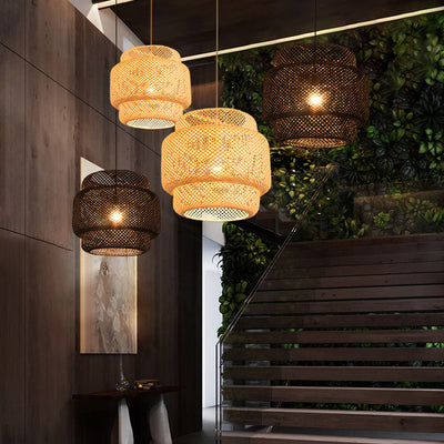 Traditional Japanese Round Cylinder Rattan Bamboo 1-Light Pendant Light For Bedroom