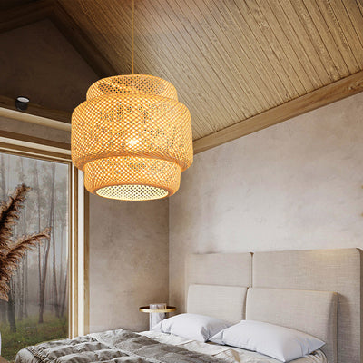 Traditional Japanese Round Cylinder Rattan Bamboo 1-Light Pendant Light For Bedroom