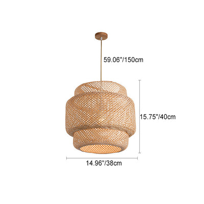 Traditional Japanese Round Cylinder Rattan Bamboo 1-Light Pendant Light For Bedroom