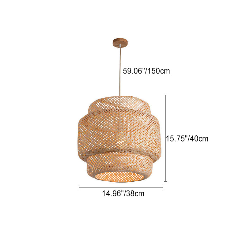 Traditional Japanese Round Cylinder Rattan Bamboo 1-Light Pendant Light For Bedroom