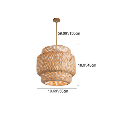 Traditional Japanese Round Cylinder Rattan Bamboo 1-Light Pendant Light For Bedroom