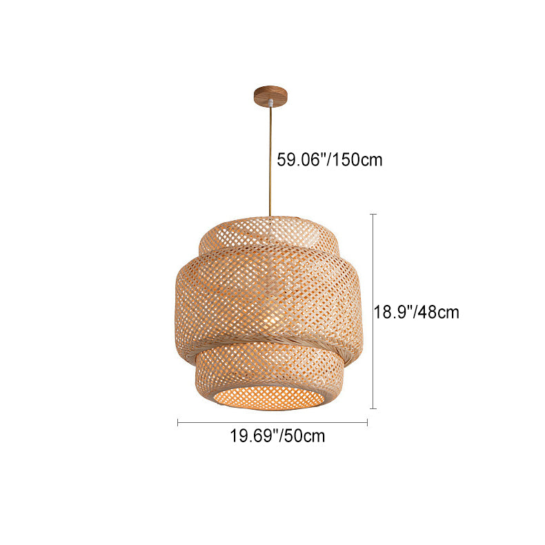 Traditional Japanese Round Cylinder Rattan Bamboo 1-Light Pendant Light For Bedroom