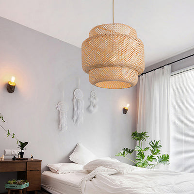 Traditional Japanese Round Cylinder Rattan Bamboo 1-Light Pendant Light For Bedroom