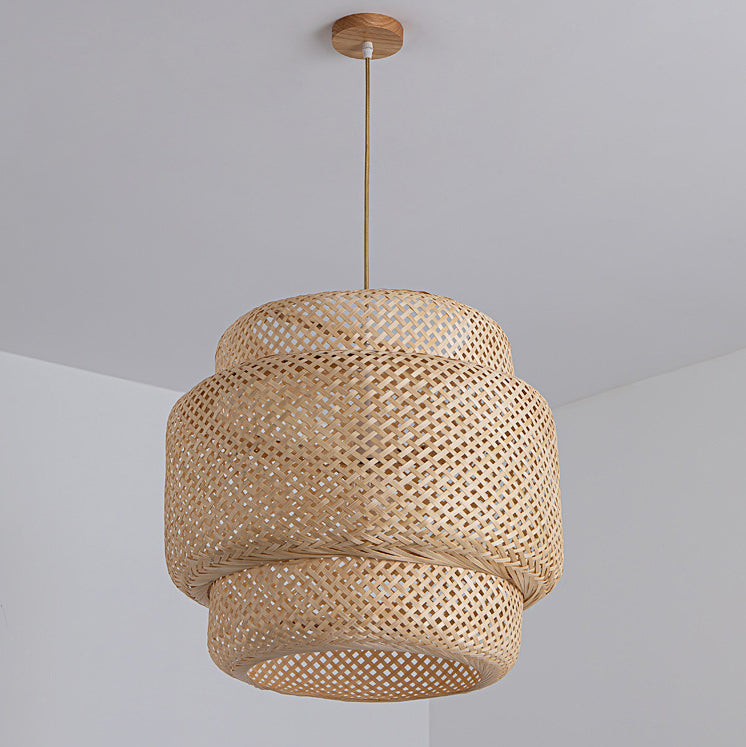 Traditional Japanese Round Cylinder Rattan Bamboo 1-Light Pendant Light For Bedroom