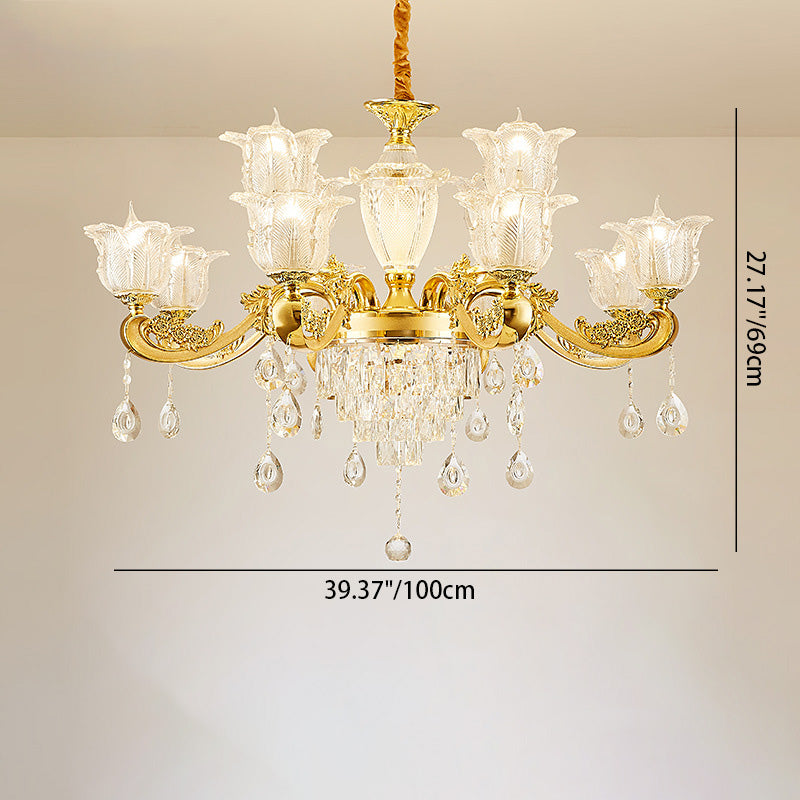 Traditional French Twig Shape Round Zinc Alloy Crystal Glass 6/8/10/12/15 Light Chandelier For Living Room