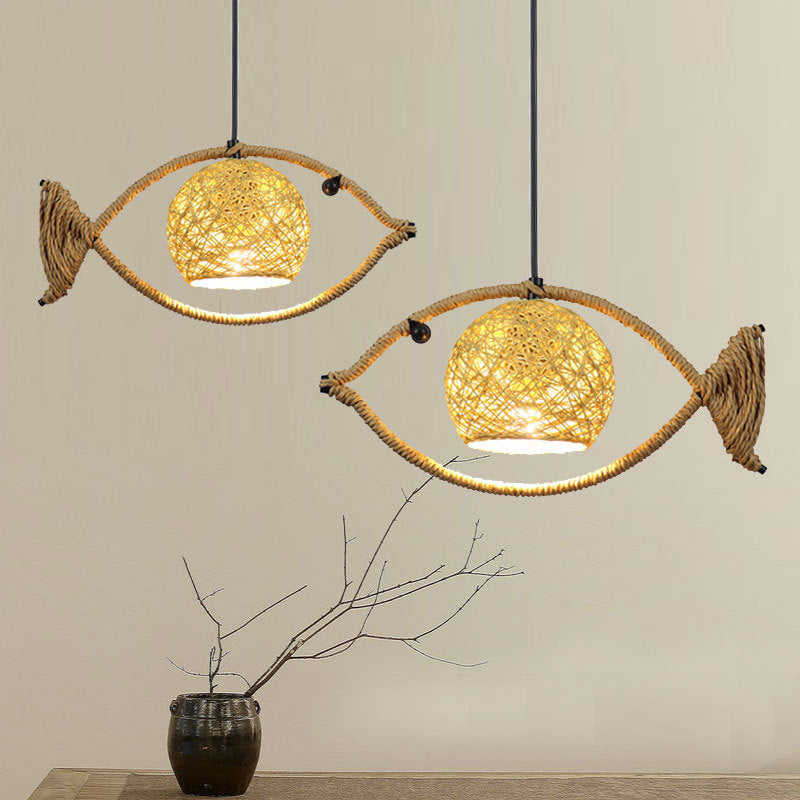 Traditional Rustic Fish Shape Round Iron Hemp Rope 1-Light Pendant Light For Dining Room