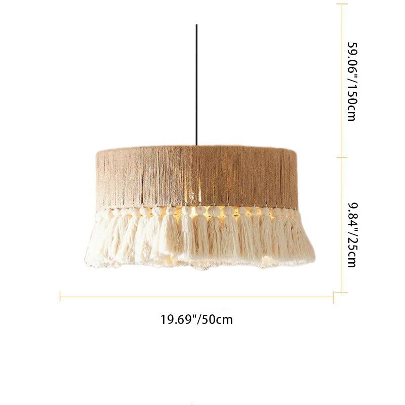 Contemporary Boho Tassel Cylinder Round Hemp Rope Cotton Embryo Yarn 1-Light Pendant Light For Bedroom