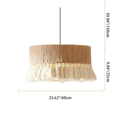 Contemporary Boho Tassel Cylinder Round Hemp Rope Cotton Embryo Yarn 1-Light Pendant Light For Bedroom