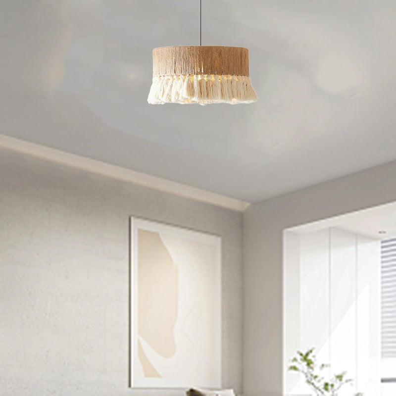 Contemporary Boho Tassel Cylinder Round Hemp Rope Cotton Embryo Yarn 1-Light Pendant Light For Bedroom