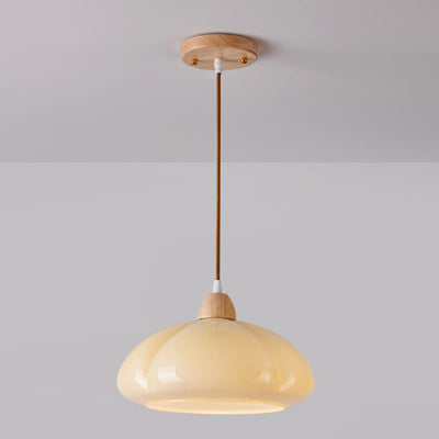 Contemporary Scandinavian Persimmon Round Cone Oak Glass 1-Light Pendant Light For Bedroom