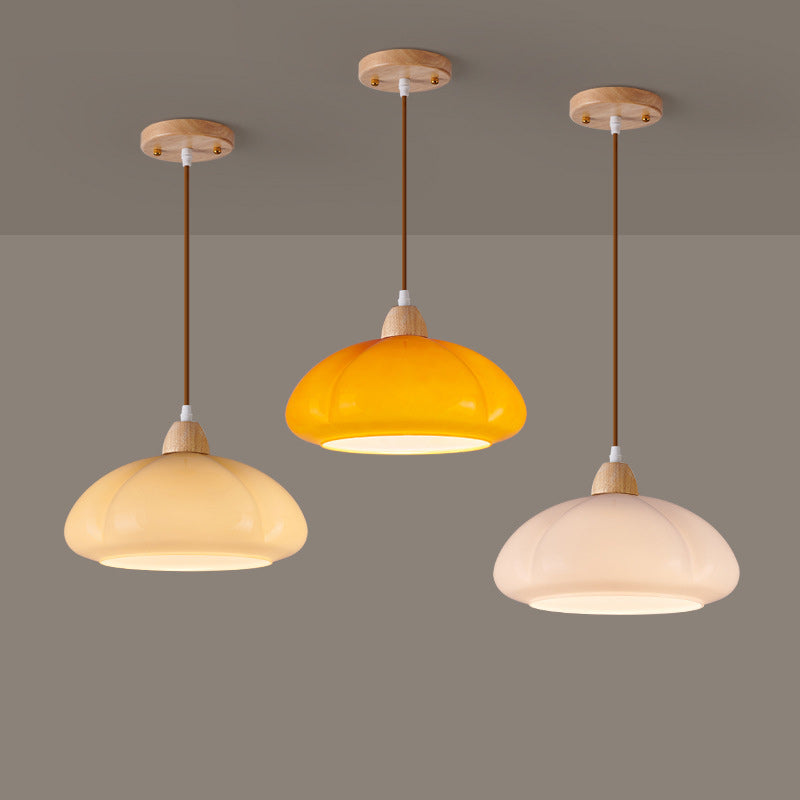 Contemporary Scandinavian Persimmon Round Cone Oak Glass 1-Light Pendant Light For Bedroom