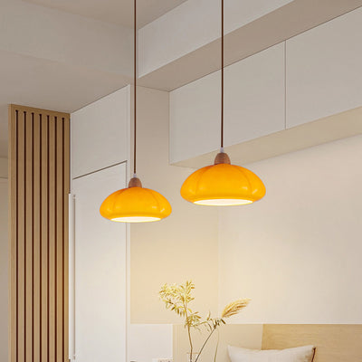 Contemporary Scandinavian Persimmon Round Cone Oak Glass 1-Light Pendant Light For Bedroom