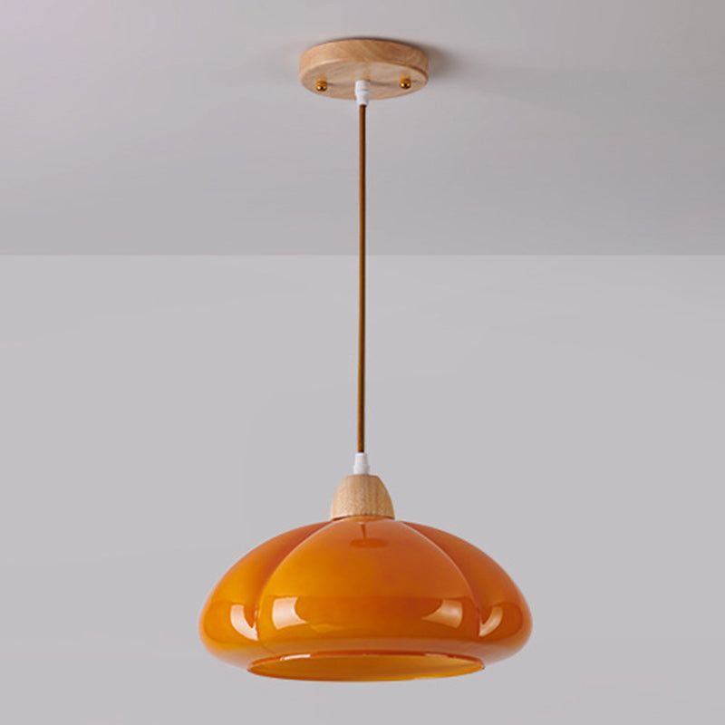 Contemporary Scandinavian Persimmon Round Cone Oak Glass 1-Light Pendant Light For Bedroom