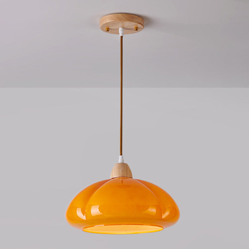 Contemporary Scandinavian Persimmon Round Cone Oak Glass 1-Light Pendant Light For Bedroom