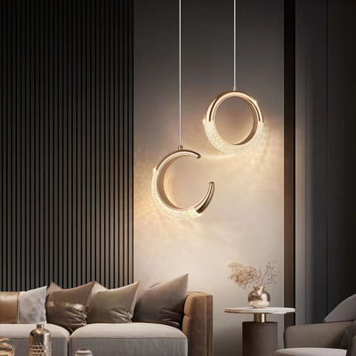 Moderne Luxus Ring Mond Runde Aluminium Hardware Acryl LED Pendelleuchte für Schlafzimmer 