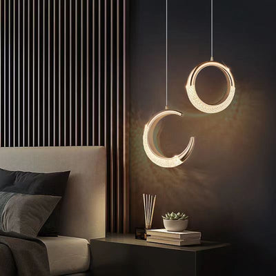 Moderne Luxus Ring Mond Runde Aluminium Hardware Acryl LED Pendelleuchte für Schlafzimmer 