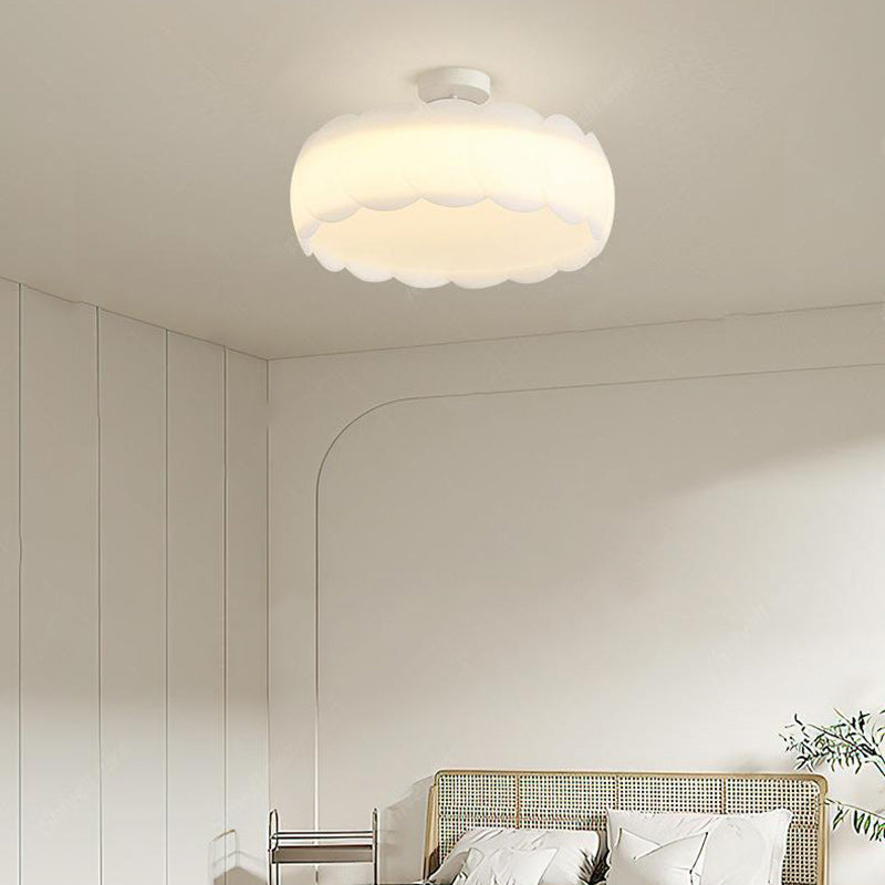 Contemporary Scandinavian Cream Round Lace PE Hardware Semi-Flush Mount Ceiling Light For Bedroom