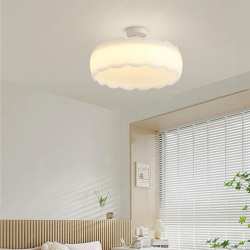 Contemporary Scandinavian Cream Round Lace PE Hardware Semi-Flush Mount Ceiling Light For Bedroom