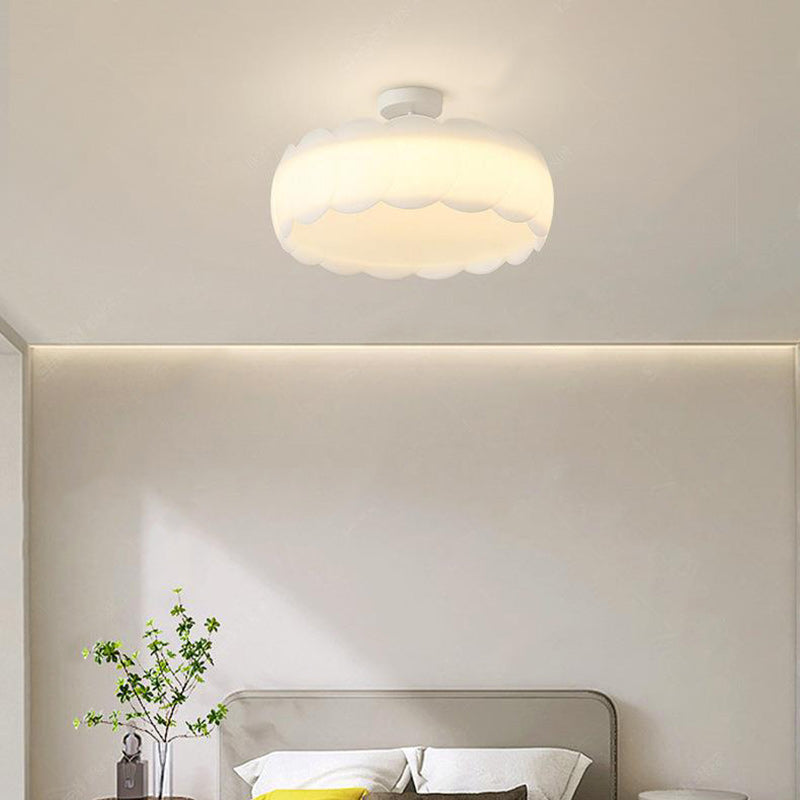 Contemporary Scandinavian Cream Round Lace PE Hardware Semi-Flush Mount Ceiling Light For Bedroom