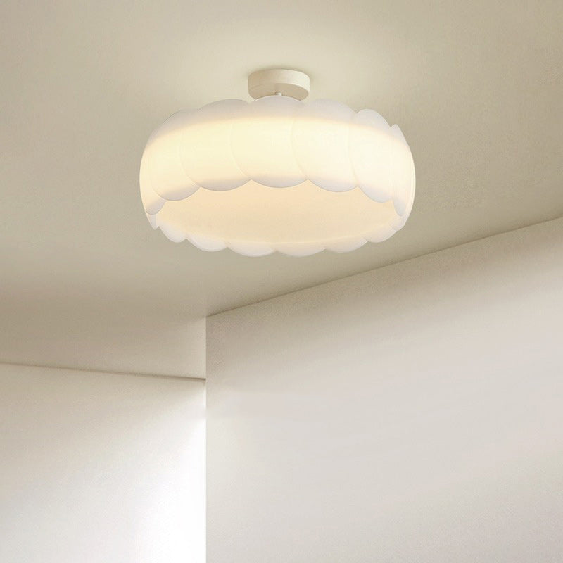 Contemporary Scandinavian Cream Round Lace PE Hardware Semi-Flush Mount Ceiling Light For Bedroom