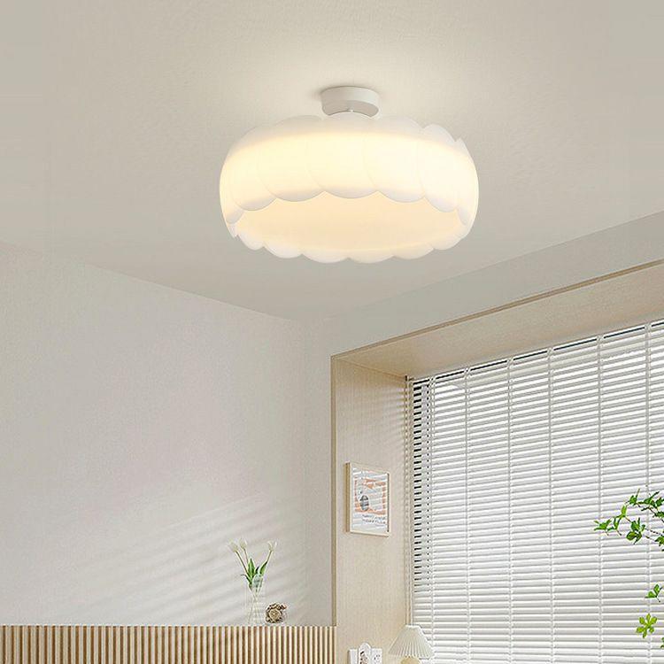 Contemporary Scandinavian Cream Round Lace PE Hardware Semi-Flush Mount Ceiling Light For Bedroom