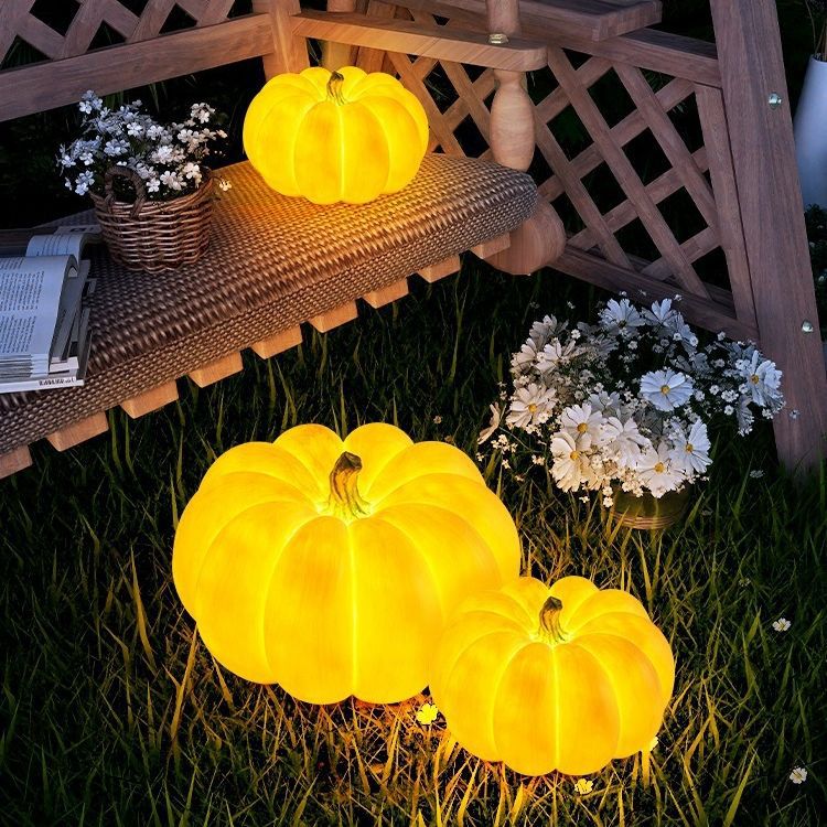 Modern Art Deco Solar Waterproof Pumpkin Round Resin LED Outdoor Light For Garden