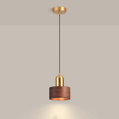 Contemporary Scandinavian Round Cylinder Walnut Copper 1-Light Pendant Light For Bedroom