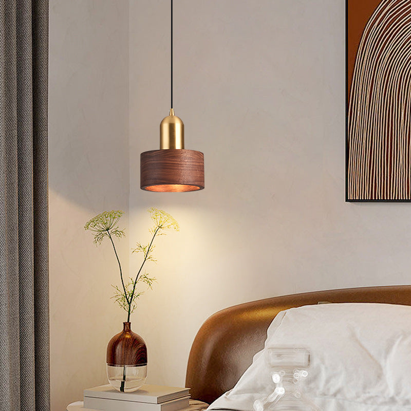 Contemporary Scandinavian Round Cylinder Walnut Copper 1-Light Pendant Light For Bedroom