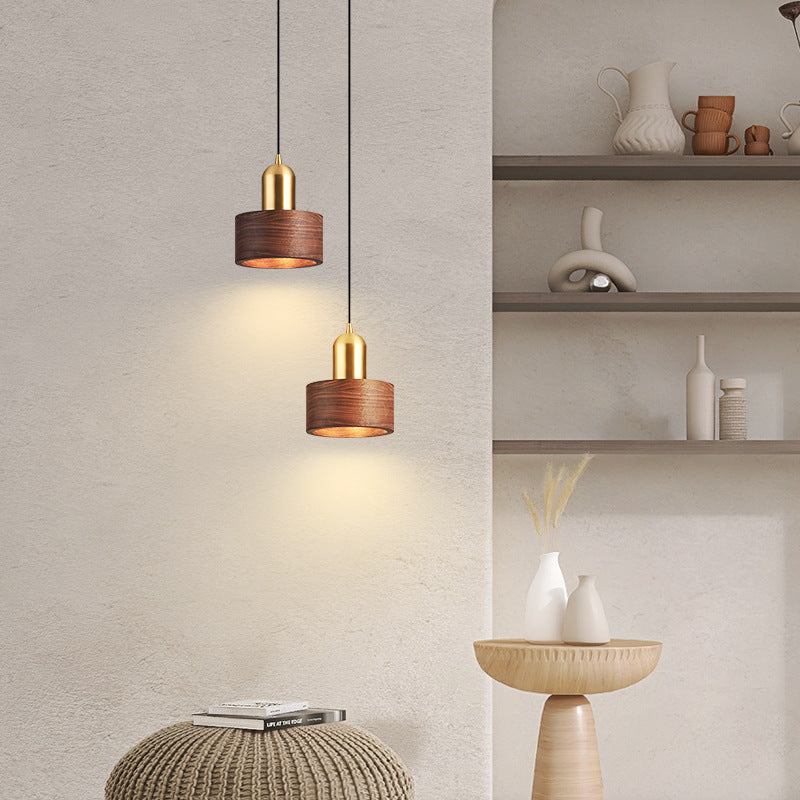 Contemporary Scandinavian Round Cylinder Walnut Copper 1-Light Pendant Light For Bedroom