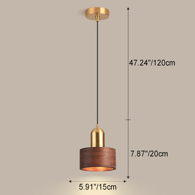 Contemporary Scandinavian Round Cylinder Walnut Copper 1-Light Pendant Light For Bedroom