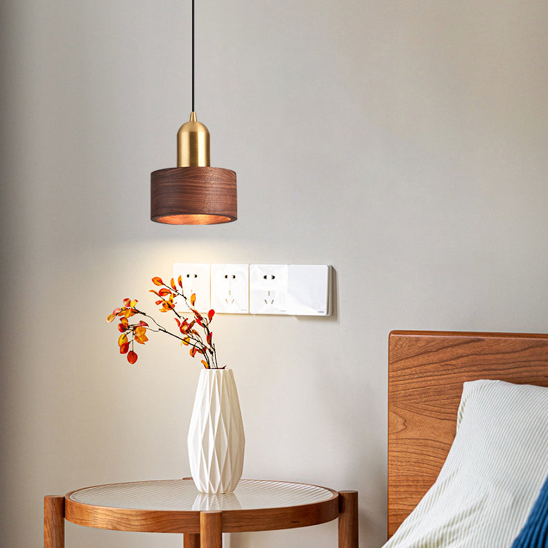 Contemporary Scandinavian Round Cylinder Walnut Copper 1-Light Pendant Light For Bedroom