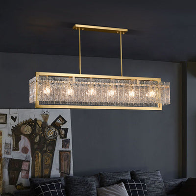 Modern Luxury Rectangle Linear Copper Glass 5/6 Light Chandelier For Dining Room