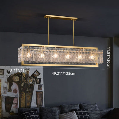 Modern Luxury Rectangle Linear Copper Glass 5/6 Light Chandelier For Dining Room