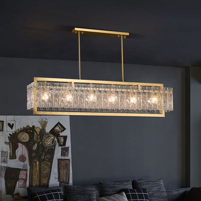 Modern Luxury Rectangle Linear Copper Glass 5/6 Light Chandelier For Dining Room