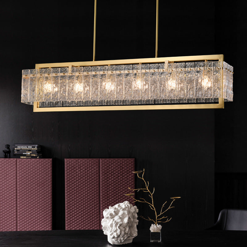 Modern Luxury Rectangle Linear Copper Glass 5/6 Light Chandelier For Dining Room