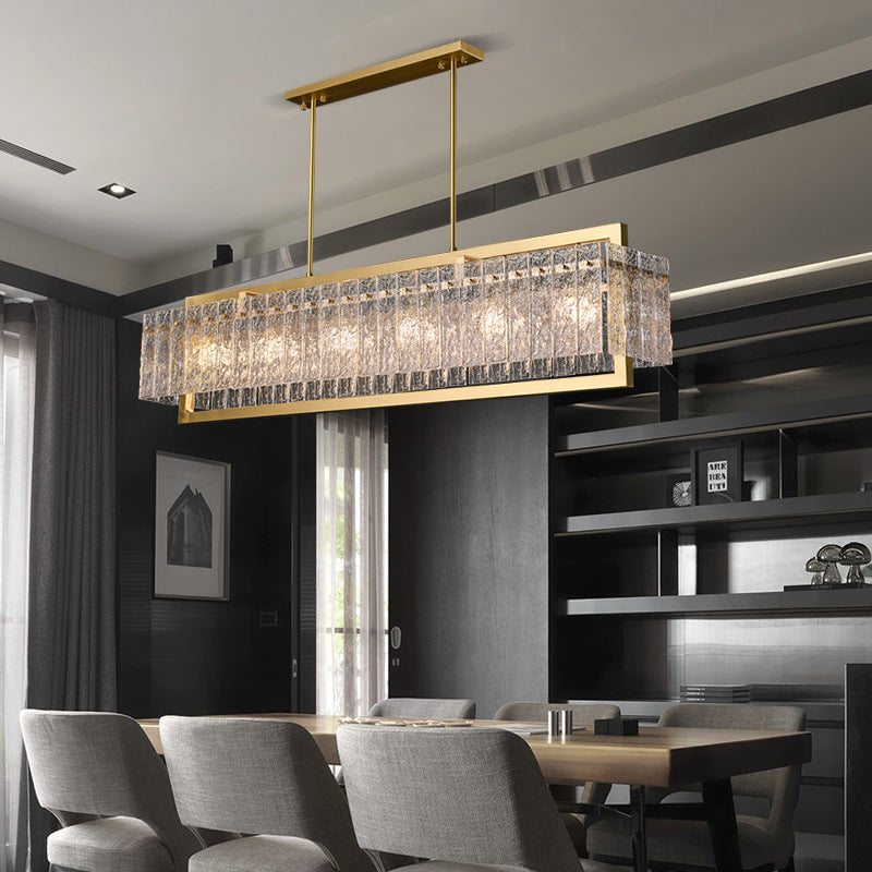 Modern Luxury Rectangle Linear Copper Glass 5/6 Light Chandelier For Dining Room