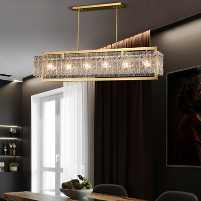 Modern Luxury Rectangle Linear Copper Glass 5/6 Light Chandelier For Dining Room