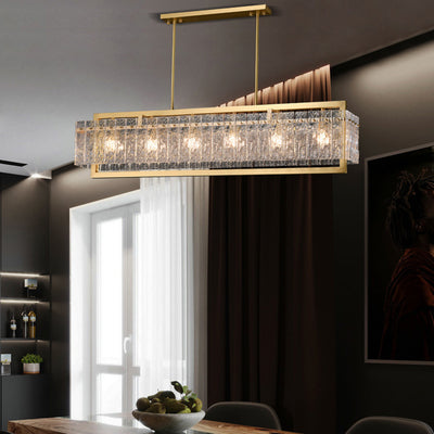 Modern Luxury Rectangle Linear Copper Glass 5/6 Light Chandelier For Dining Room