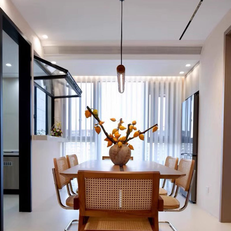 Traditional Chinese Cylindrical Linear Wood LED Chandelier For Dining Room