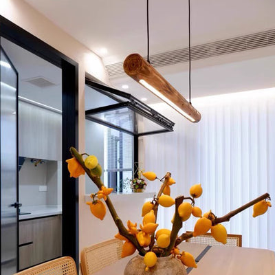 Traditional Chinese Cylindrical Linear Wood LED Chandelier For Dining Room