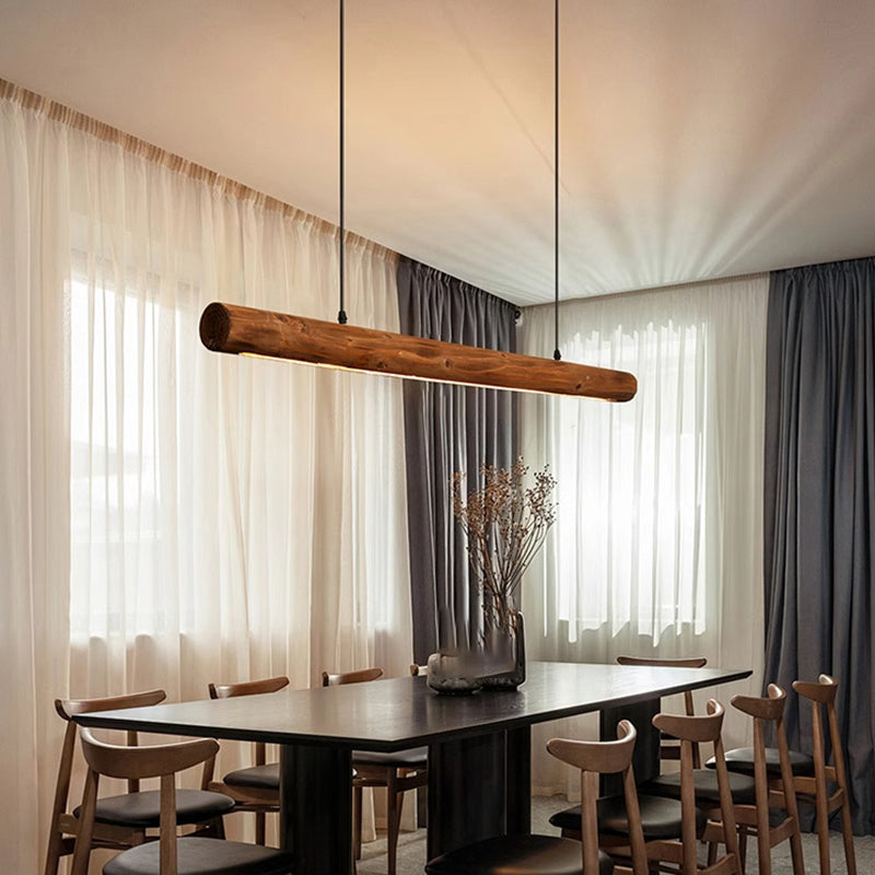 Traditional Chinese Cylindrical Linear Wood LED Chandelier For Dining Room