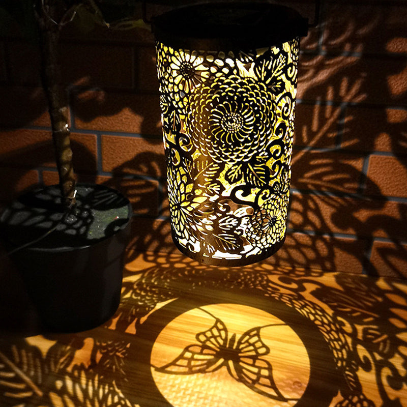 Contemporary Creative Solar Waterproof Hollow Out Cylinder Leaf Dragonfly Iron LED Outdoor Light For Garden