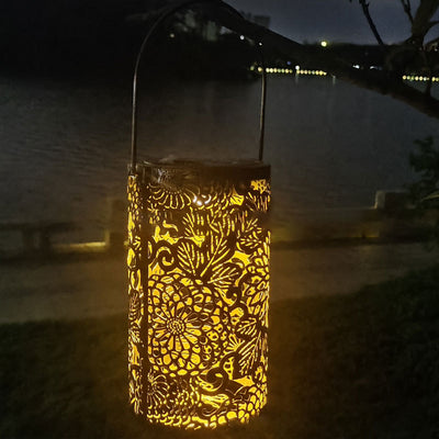 Contemporary Creative Solar Waterproof Hollow Out Cylinder Leaf Dragonfly Iron LED Outdoor Light For Garden