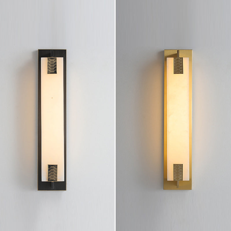 Traditional Chinese Waterproof Rectangle Copper Marble LED Wall Sconce Lamp For Patio